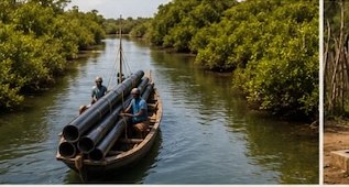 A boat carrying pipeline pipes along the mangrove creek