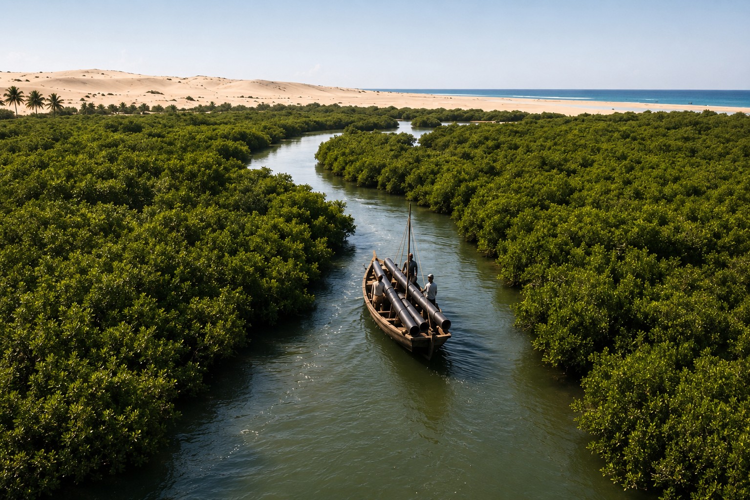 Boat carrying pipeline pipes along the mangrove creek through the mangroves, Manda Island
