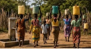 Women and children carrying water from a village tap